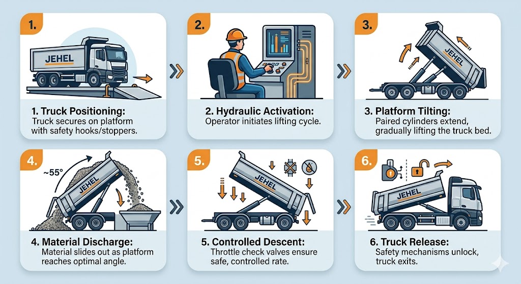 A numbered step-by-step infographic illustrating the operation of a truck tippler, covering truck positioning, hydraulic activation, platform tilting, material discharge, controlled descent, and truck release.