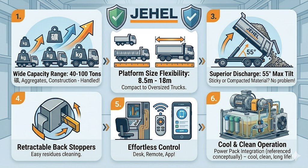 A vibrant six-panel infographic summarizing key features of JEHEL truck tipplers, including wide capacity, flexible platform size, superior 55-degree tilt, retractable back stoppers, effortless control, and cool operation.