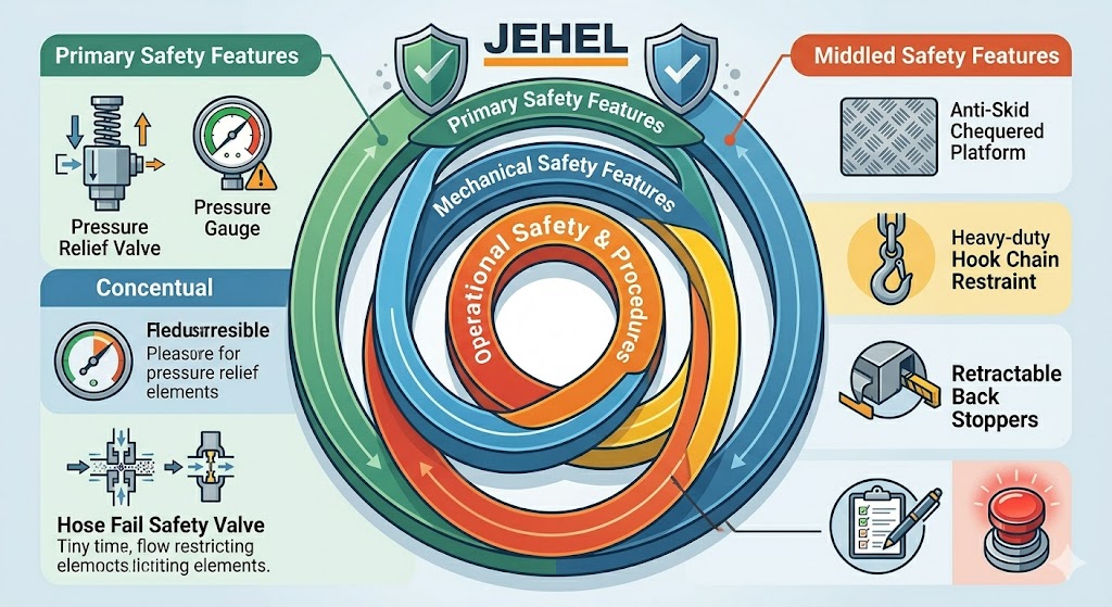 A comprehensive infographic detailing multiple layers of protection in JEHEL truck tipplers, organized into Primary Safety, Mechanical Safety, and Operational Safety concentric rings.