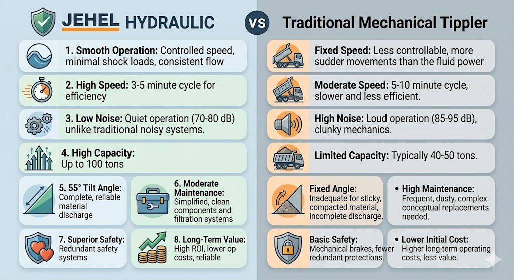 A visually engaging infographic comparing hydraulic versus mechanical truck tipplers across performance factors like speed, noise, capacity, maintenance, and safety, highlighting hydraulic superiority.