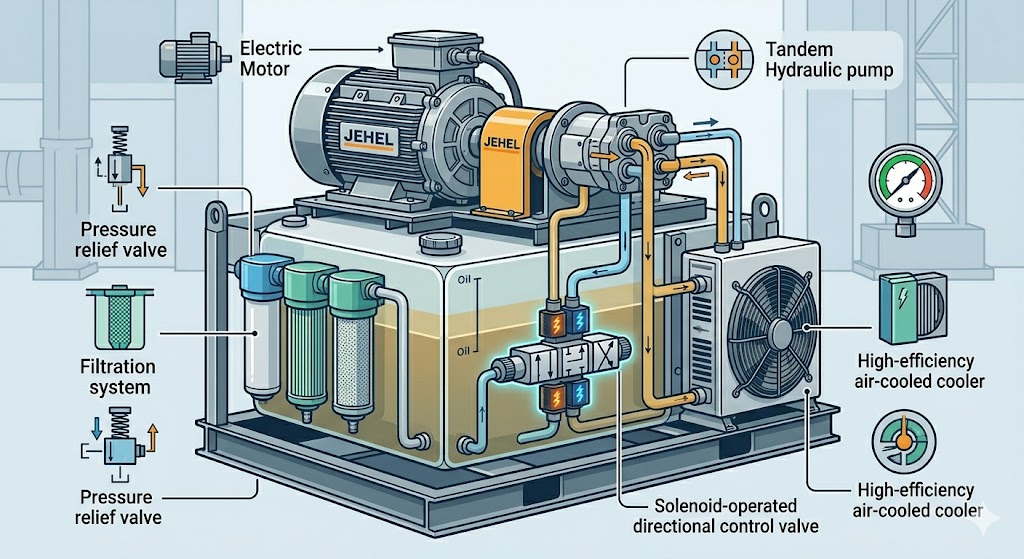 A detailed technical cutaway illustration showing the internal components of a JEHEL hydraulic power pack, including the electric motor, tandem pump, filtration, cooler, and solenoid directional control valve.