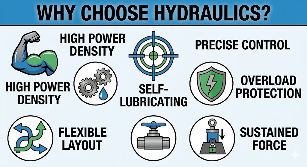 Infographic detailing the advantages of hydraulic machines: high power density, precise control, self-lubricating, overload protection, flexible layout, and sustained force.