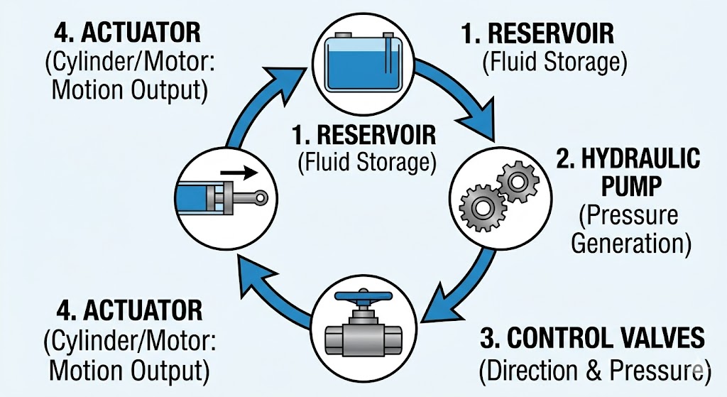 Flowchart showing the key components of a hydraulic system: reservoir, pump, valves, actuators, and fluid return lines.