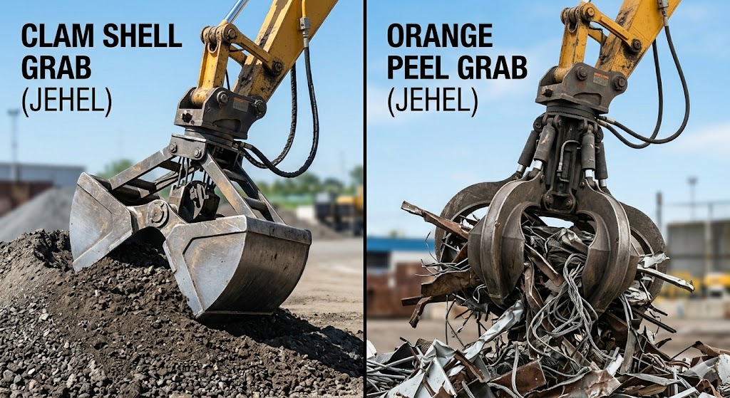 Types of hydraulic machines: A side-by-side comparison of a Jehel clamshell grab and an orange peel grab in operation.