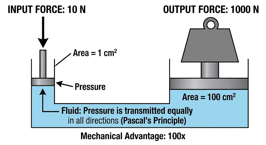 Diagram explaining Pascal's Law and the working principle of hydraulic machines, showing how a small input force creates a massive output force.